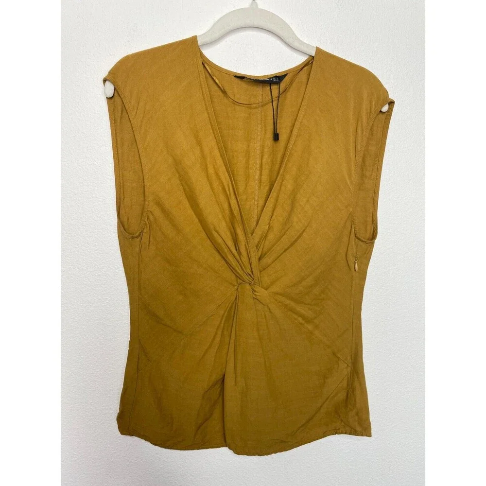 Zara Small Knotted Top Mustard Yellow V-Neck Sleeveless Linen Blend Classicore - Picture 2 of 15